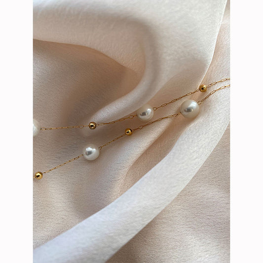 Strong Light Pearl Golden Balls Design Titanium Steel Female Necklaces