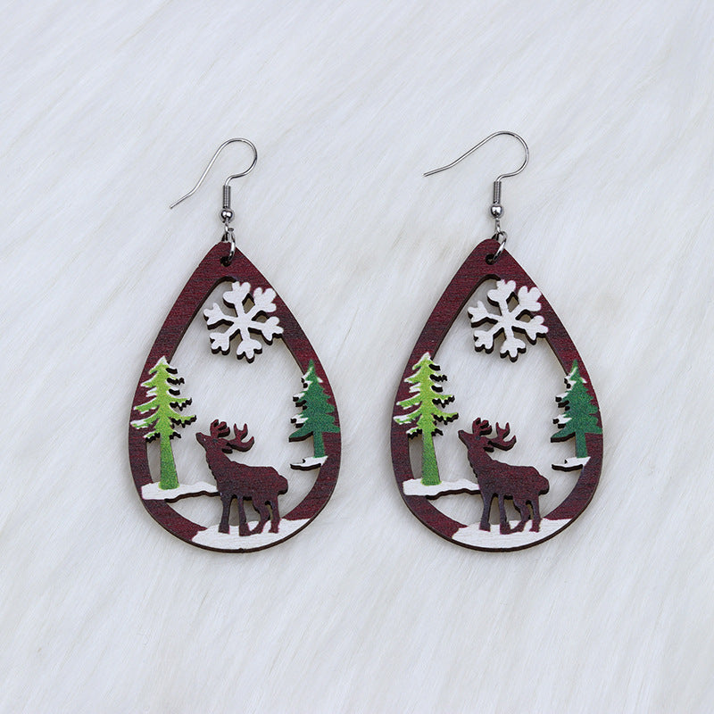 Snowman Bell Santa Claus Simple Wooden Earrings