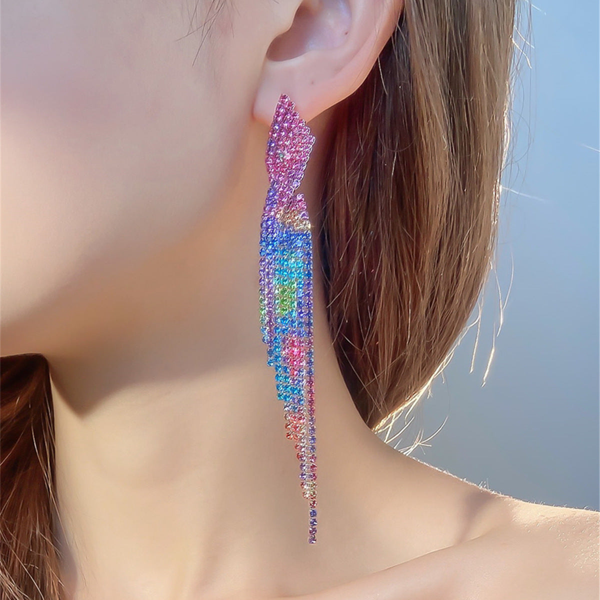 Sparkling Full Rhinestone Long Fringe Female Earrings