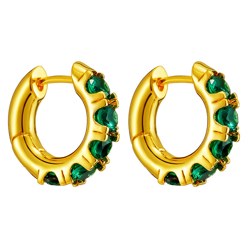 Women's Green Crystal Gold Vintage Circle Ear Clip Light Luxury Earrings