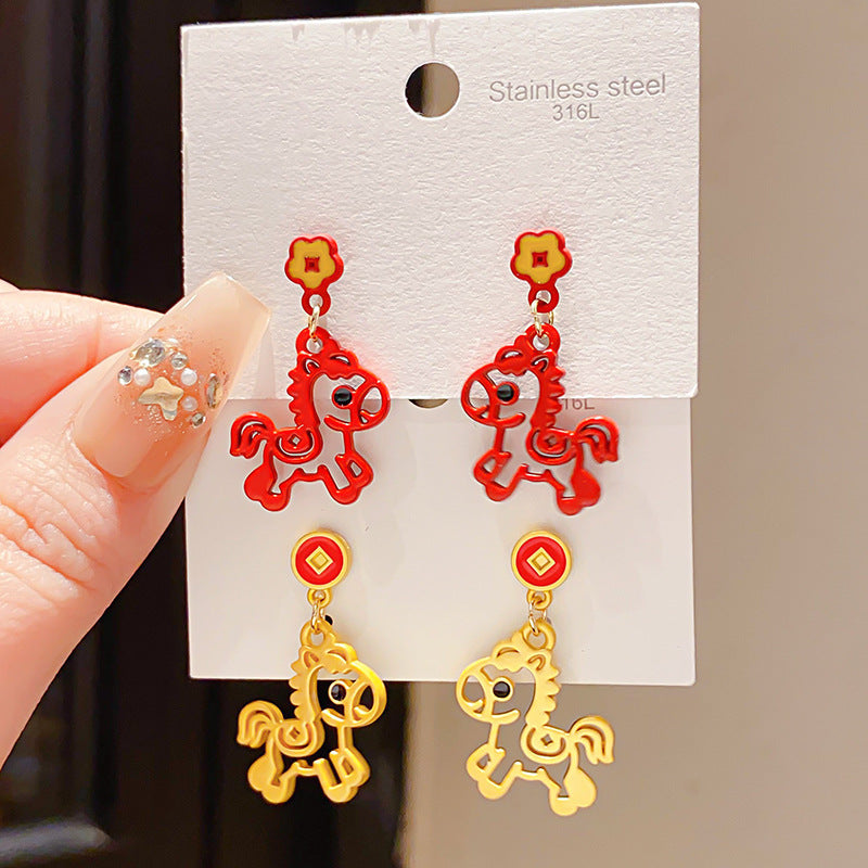 Women's Sier Needle Zircon Life Red Pony Light Luxury Earrings
