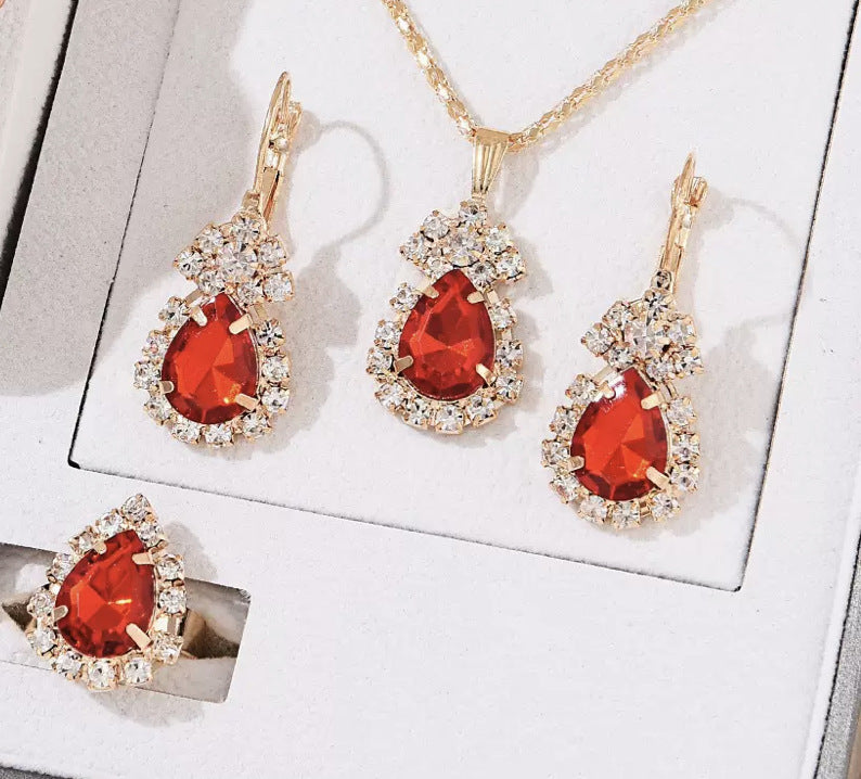 Rose Red Lake Blue Three-piece Rhinestone Necklaces