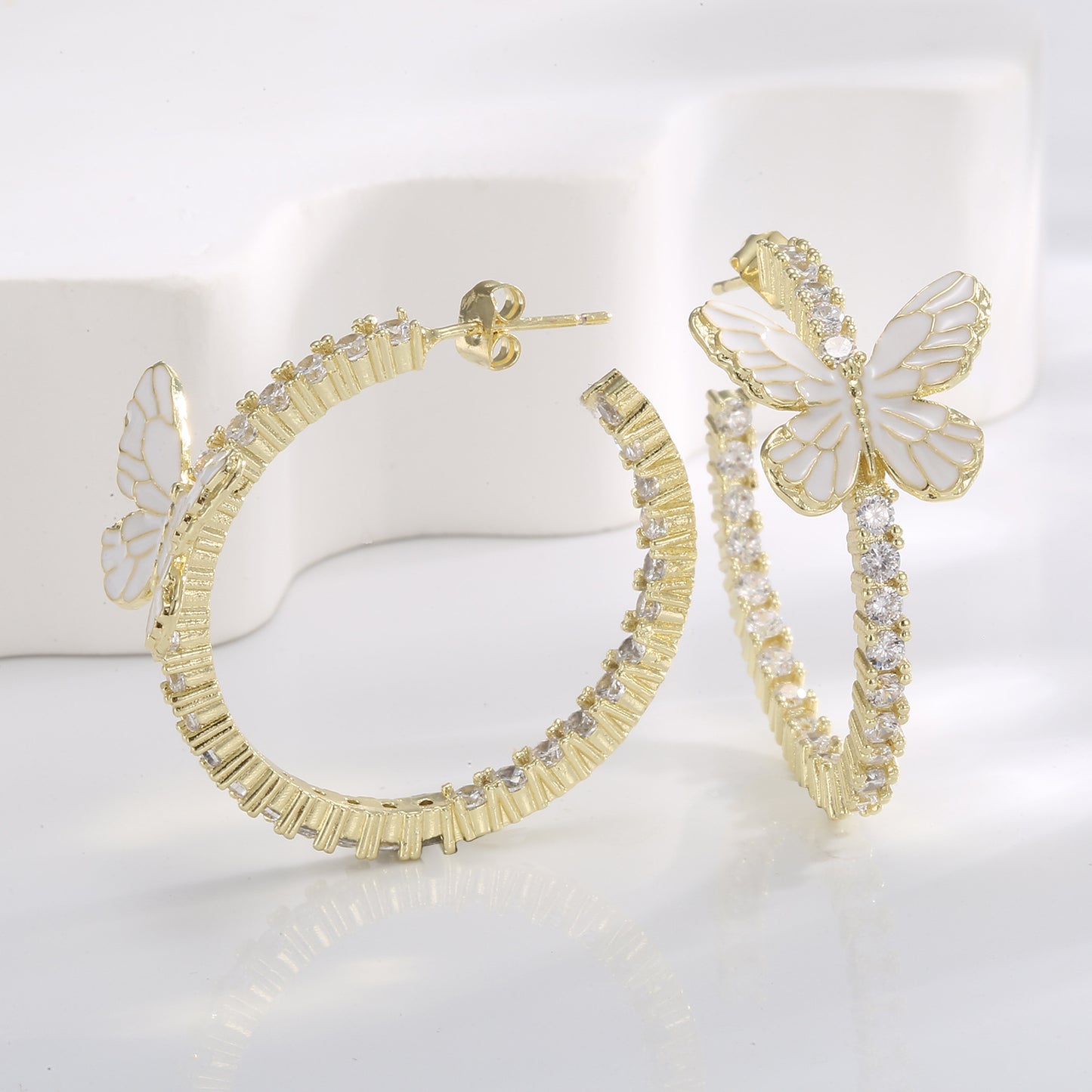 Decoration White Butterfly Super Flash Circle Micro Inlaid Zircon Earrings