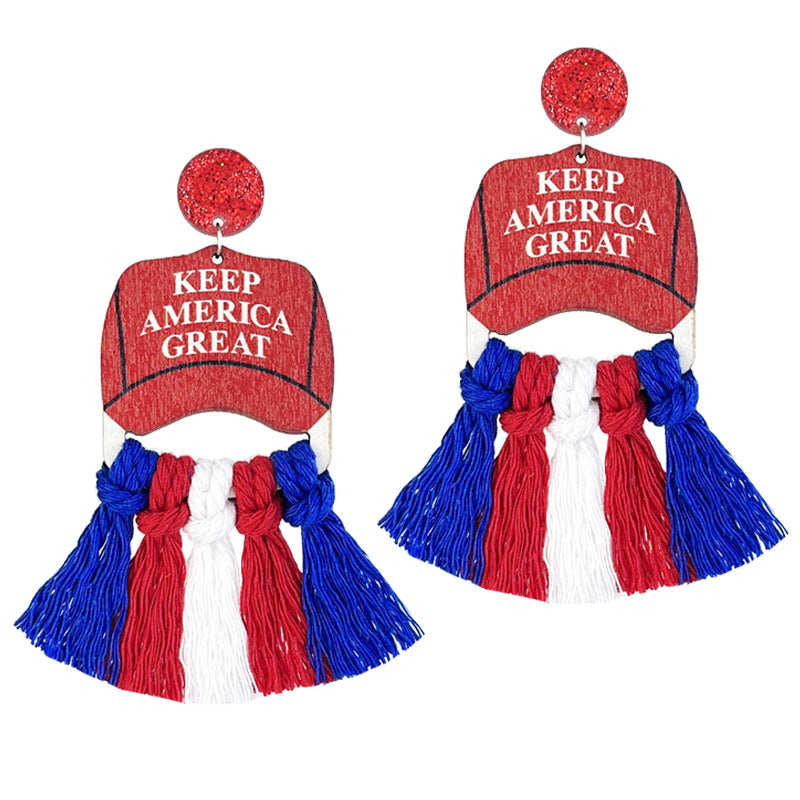 Classic Patriotic Ornament Supporter Wooden Tassel Earrings