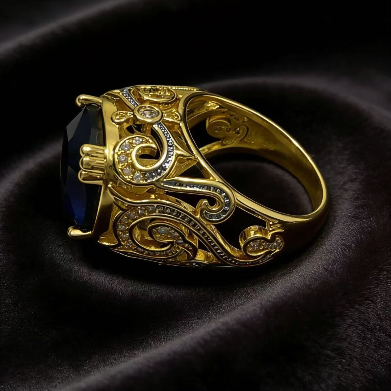 Sapphire Blue Fat Square Gem Two-color Pattern Luxury Copper Inlaid Ring