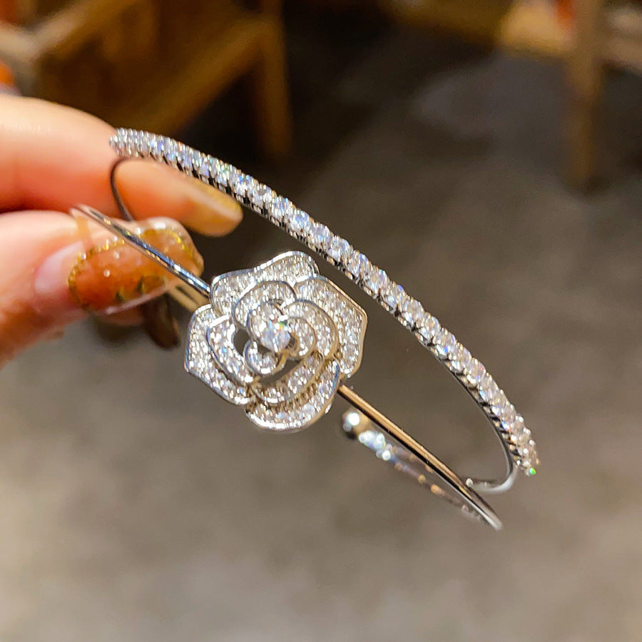 Cold Style Zircon Double Layer Flowers Openings Light Luxury High Bracelets