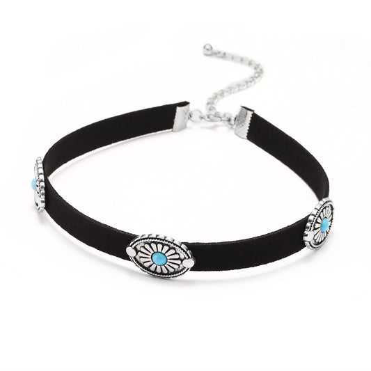 Fashion Vintage Metal Flower Disk Turquoise Necklaces