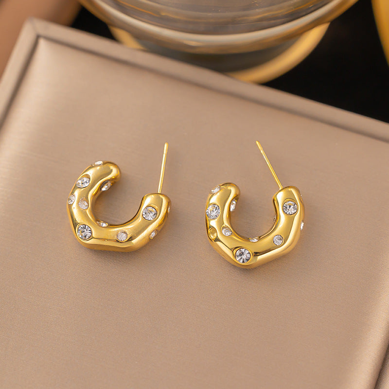 Wind Shaped Hammered Inlaid Zircon Pearl Ear Earrings