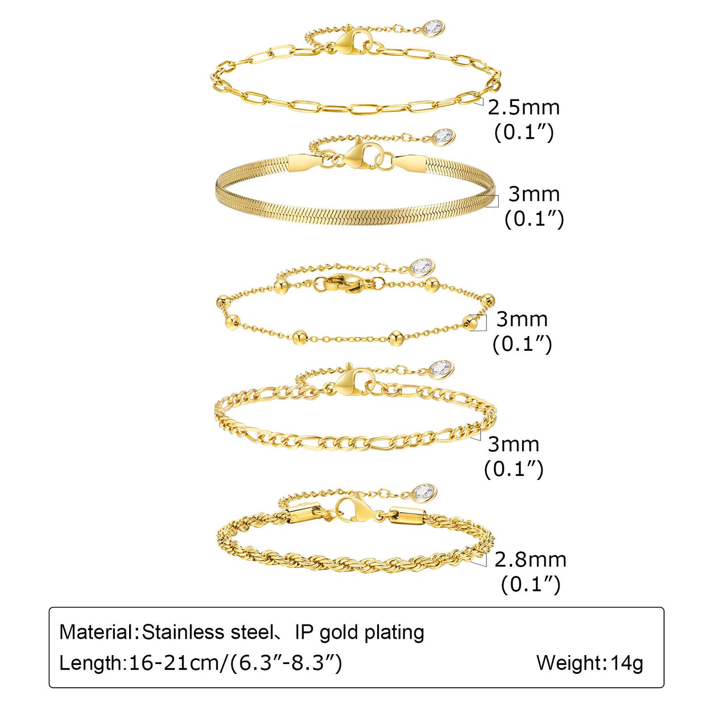 Women's Square Chain Blade Separated Bead Figaro Twist Bracelets