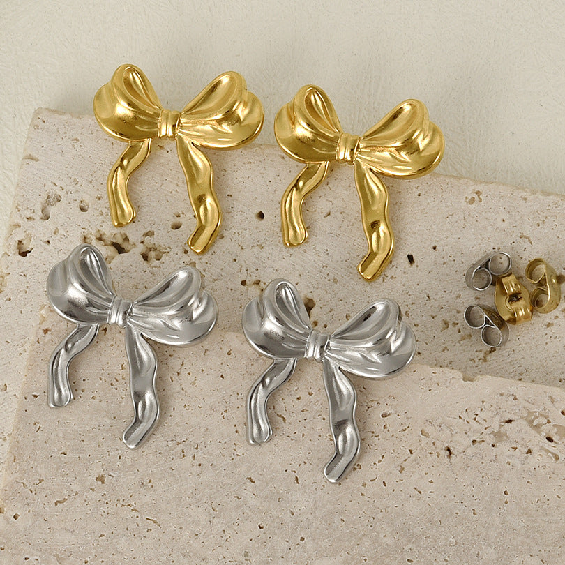 Stainless Steel Sweet Irregular Style Bow Earrings