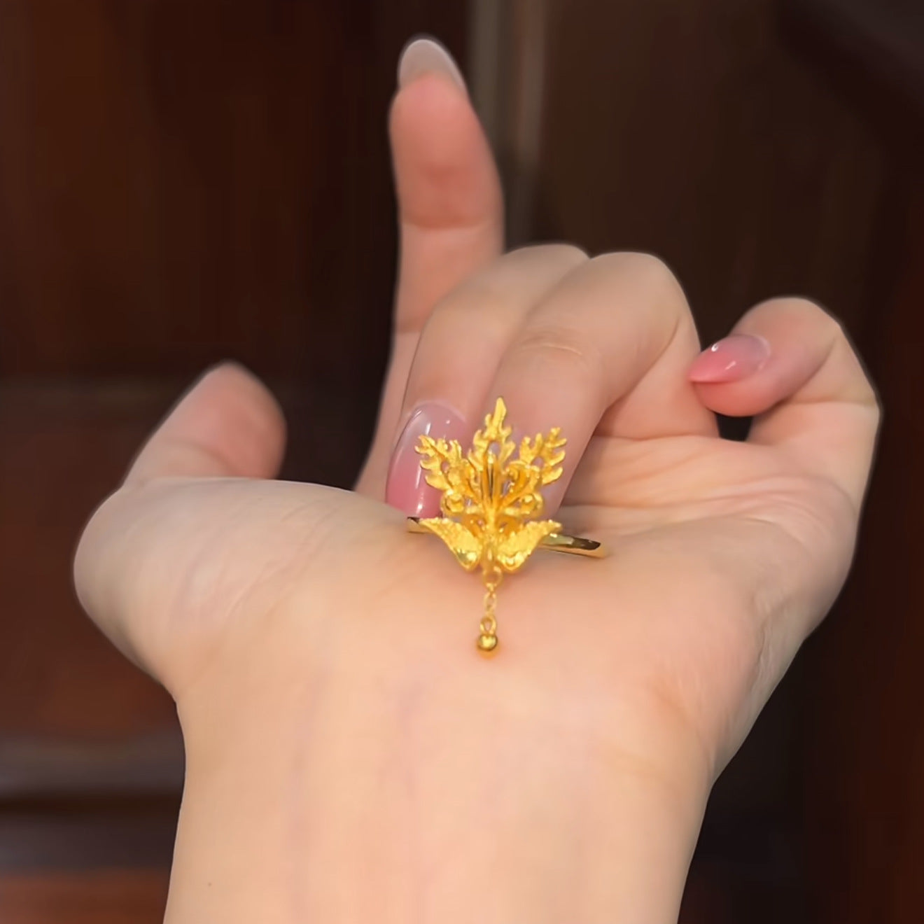 National Style Small Slip Tassel Phoenix Chinese Wedding Three Gold Ring