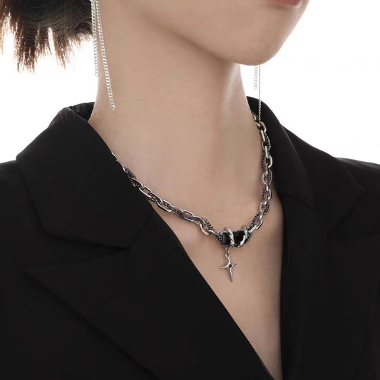 Women's & Men's Niche Winding Black Onyx Cross Stitching Titanium Steel Necklaces