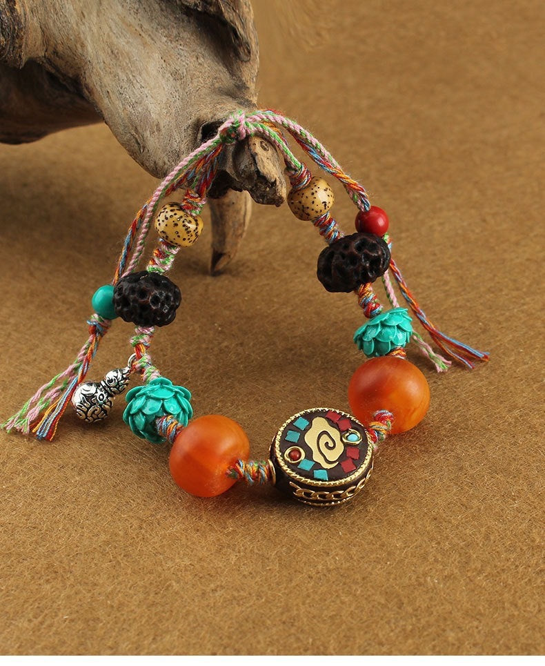 Women's & Men's Retro Ethnic Style Agate Ox Bone Rosary Bracelet