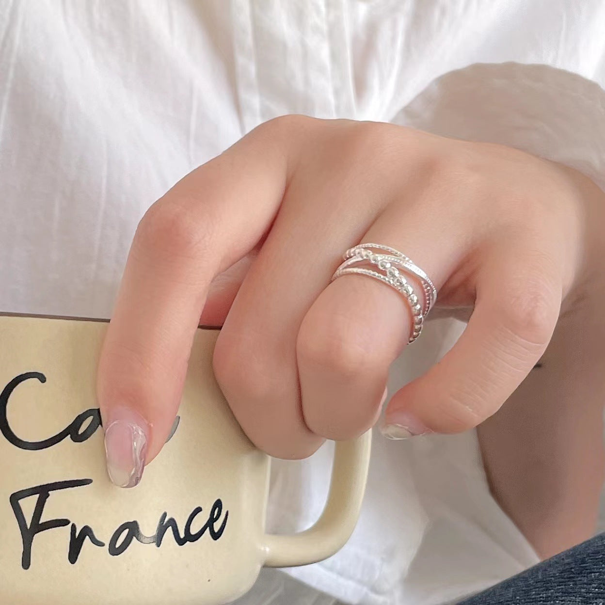 Women's Fan French Style Sterling Sier Cross Minimalist Rings