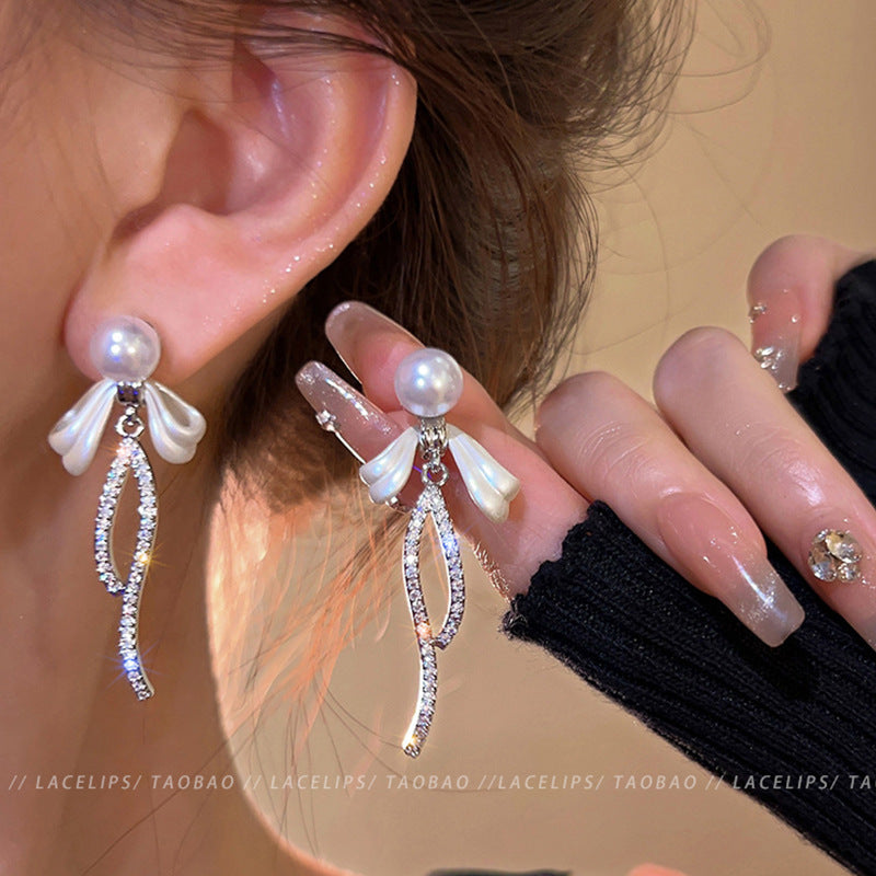 Sparkling Pearl Wheat Tassel Elegant Long Clear Earrings