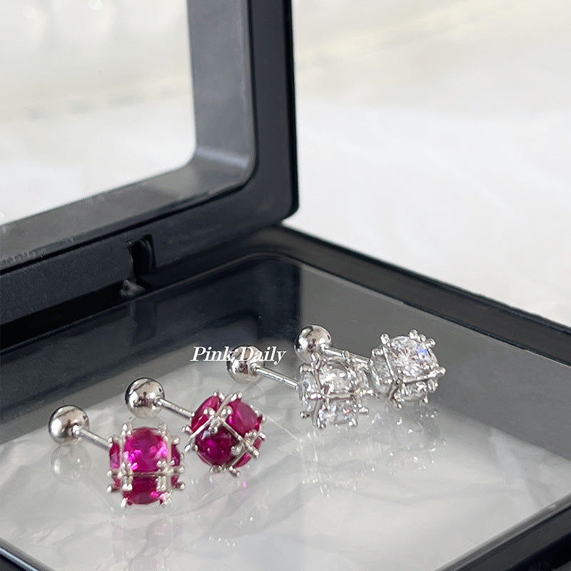 Sparking Zirconium Floral Ball Female Niche Screw Ear Earrings