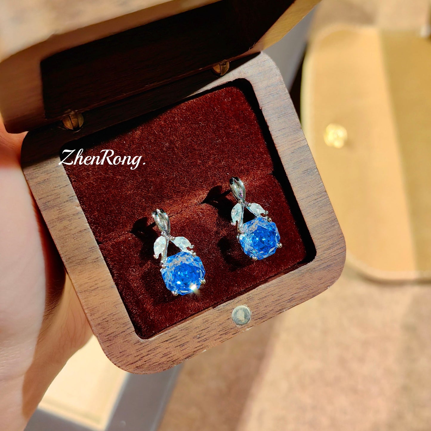 Women's Rose Cut Klein Blue Inlaid Red High Carbon Rhinestone Ear Rings