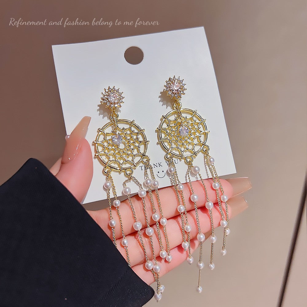 Style Long Fringed Pearl Sier Needle Earrings