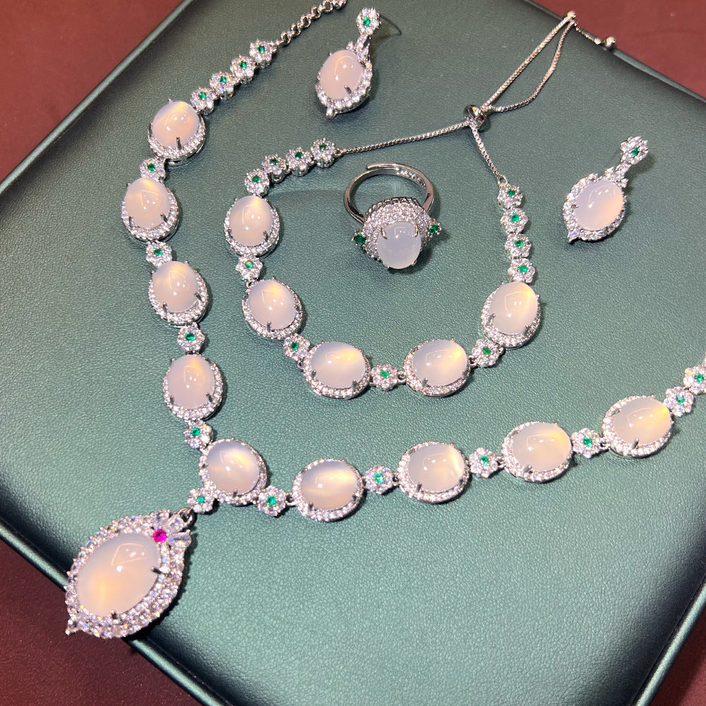 Chinese Sapphire Chalcedony Retro Court Sier Jewelry Set