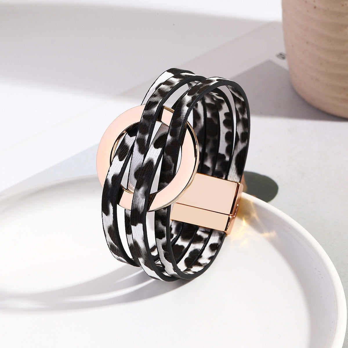 Women's Cross Leather Metal Big Cuff Bangle Rings