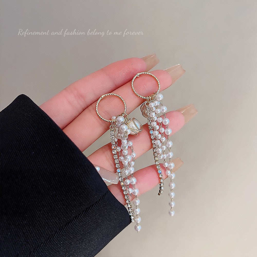 Style Long Fringed Pearl Sier Needle Earrings