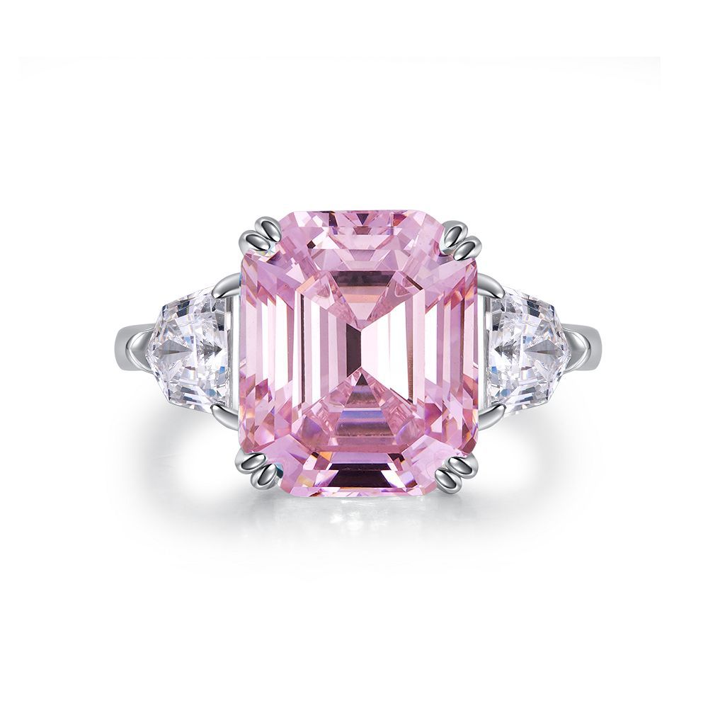 Women's Pink Zircon High Carbon Diamond Emerald Cut Rings