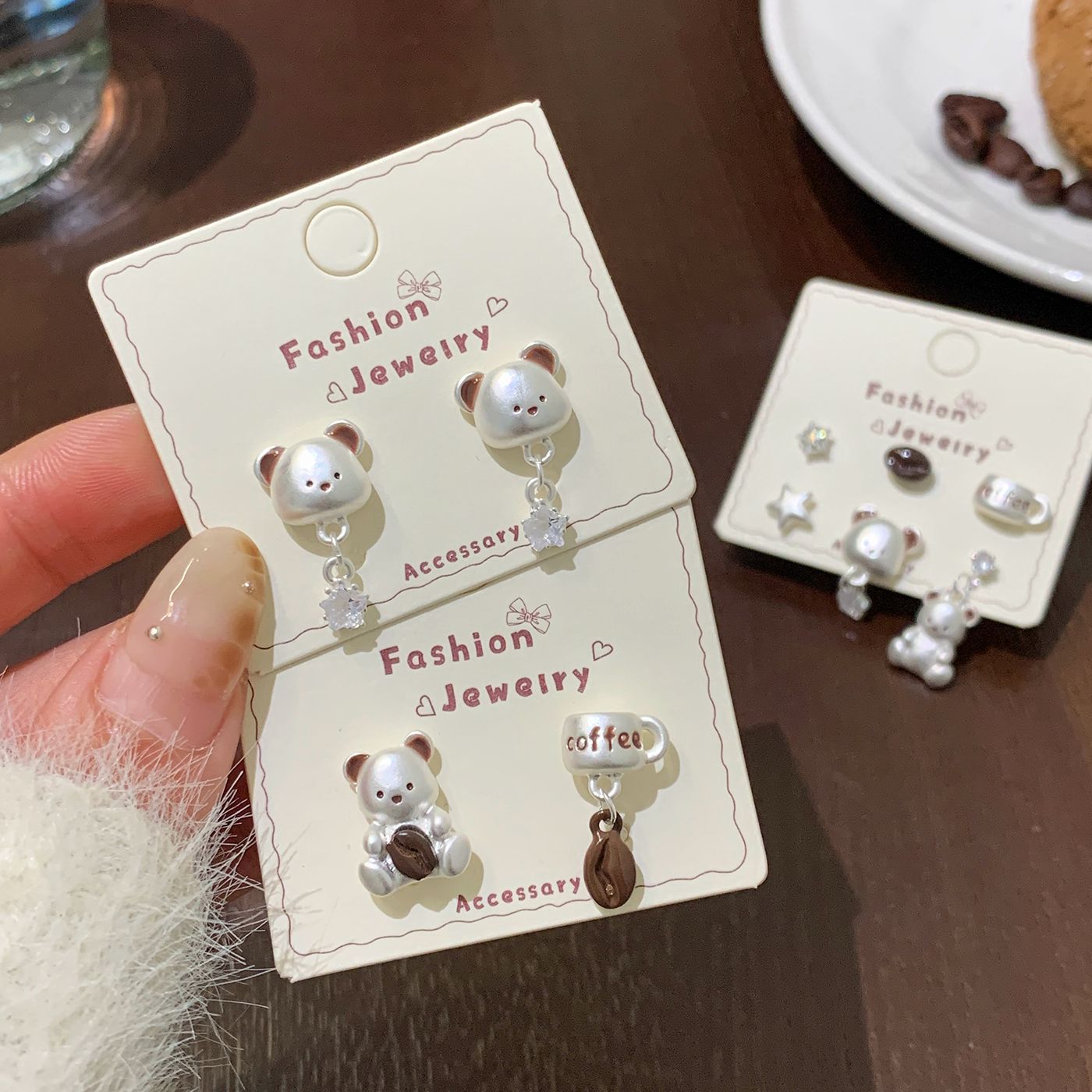Sier Coffee Bear Ear Female Needle Fun Stud Earrings
