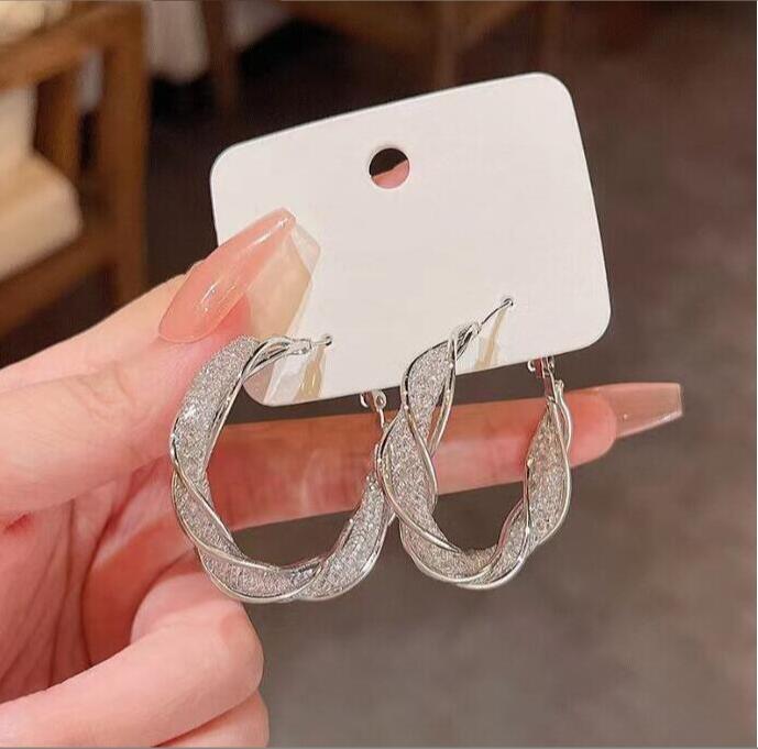 Metal Hollow Mesh Crystal Hoop High-grade Fashionable Earrings