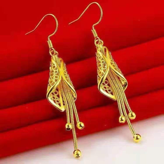 Women's Gold Tassel Brass Plated Ear Hook Hollowed Fashion Earrings