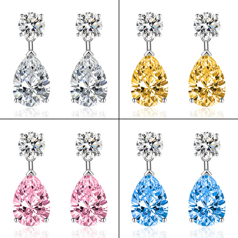 Women's Sier Needle Water Drop-shaped Inlaid Oval Sapphire Colored Gems Long Earrings