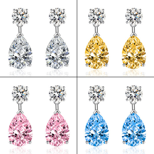Women's Sier Needle Water Drop-shaped Inlaid Oval Sapphire Colored Gems Long Earrings