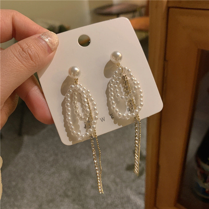 Style Long Fringed Pearl Sier Needle Earrings