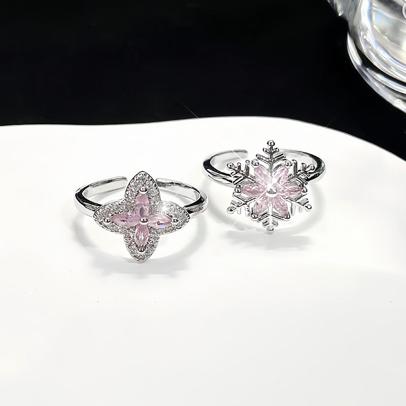 Snowflake Pink Zircon Flower Clover Open Design Rings