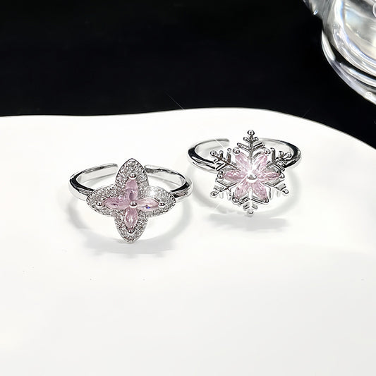 Snowflake Pink Zircon Flower Clover Open Design Rings