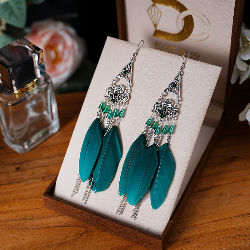 Mid-length Pagoda Crystal Feather Retro Long Upper Lower Stitching Earrings