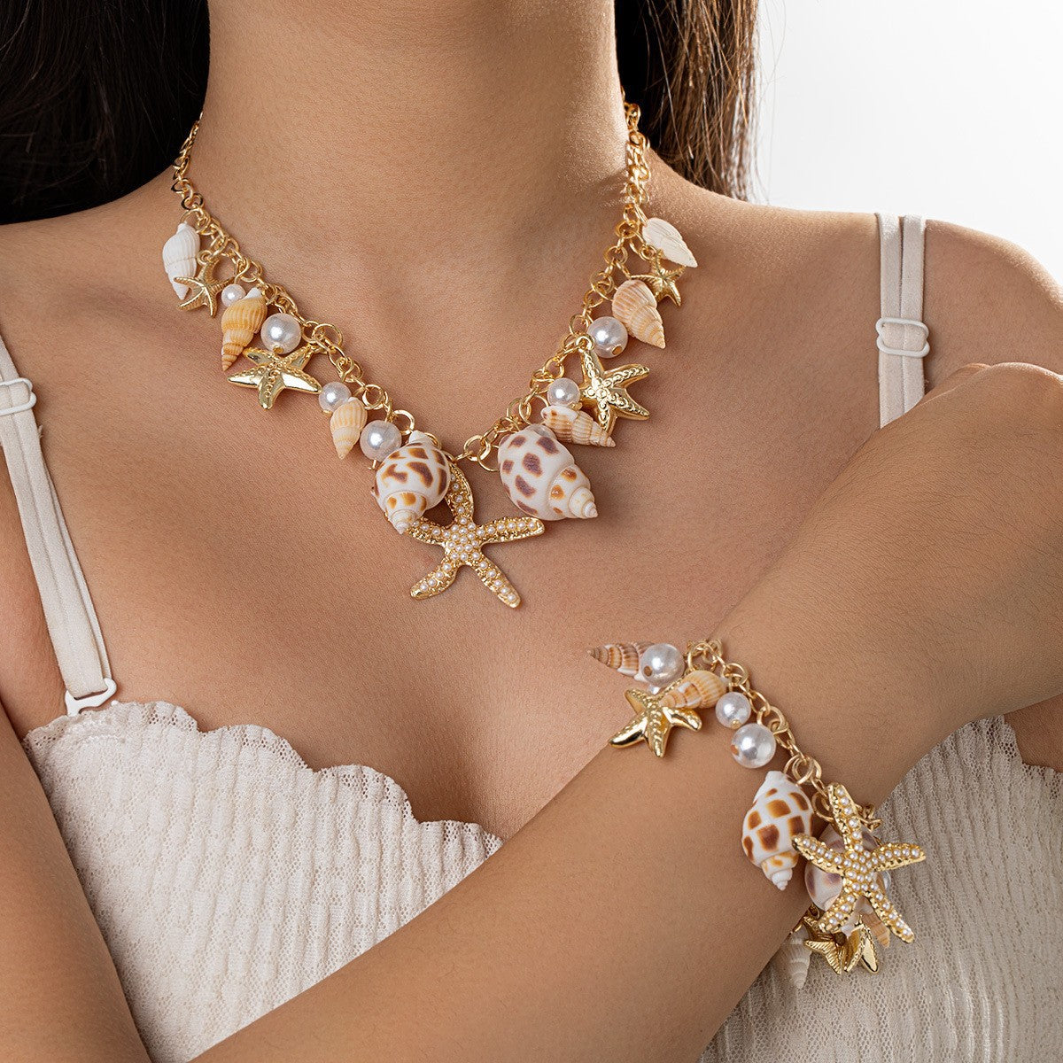 Fashion Summer Ocean Beach Vacation Style Alloy Starfish Pearl Jewelry Set