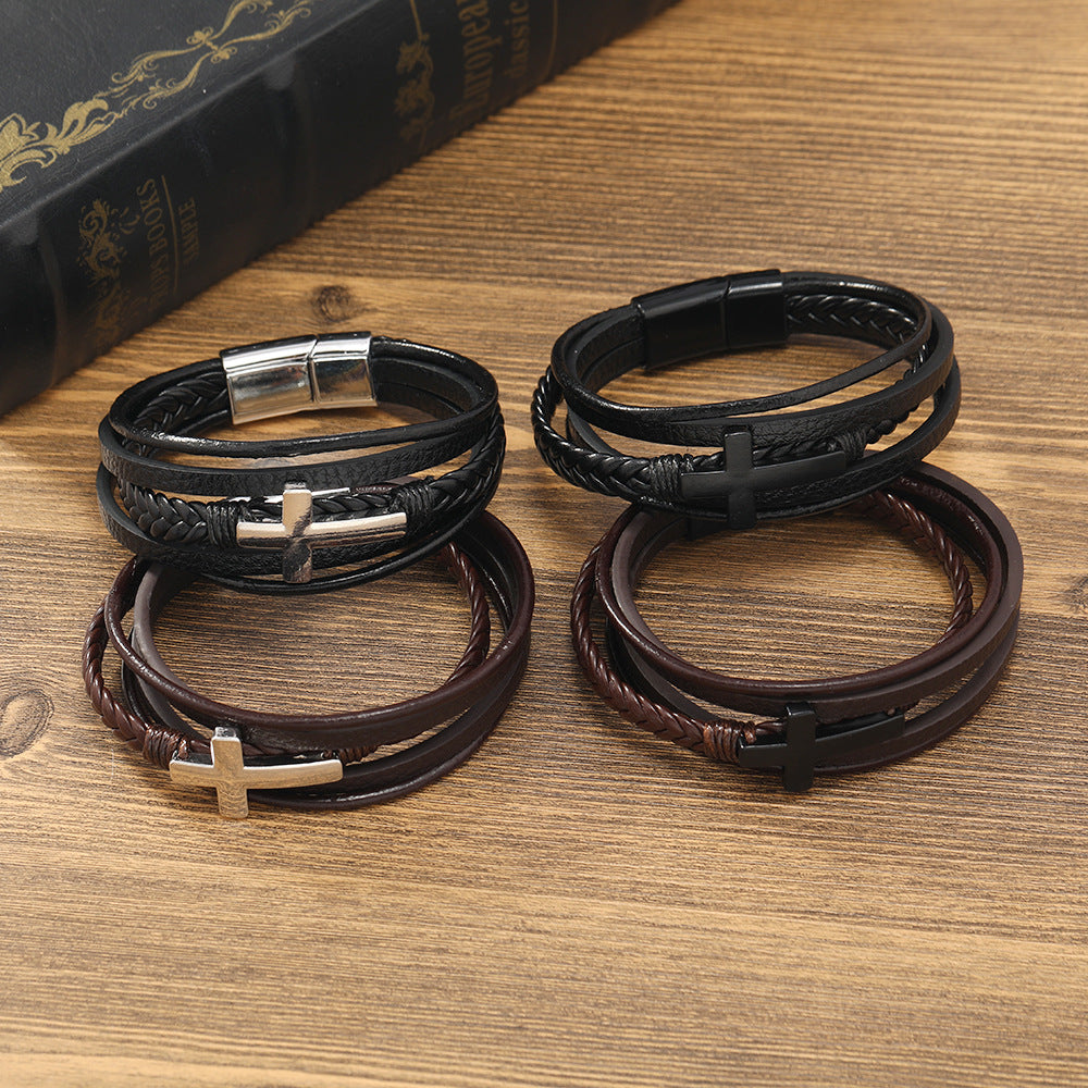 Men's Writing Woven Handmade Leather Magnetic Snap Bracelets