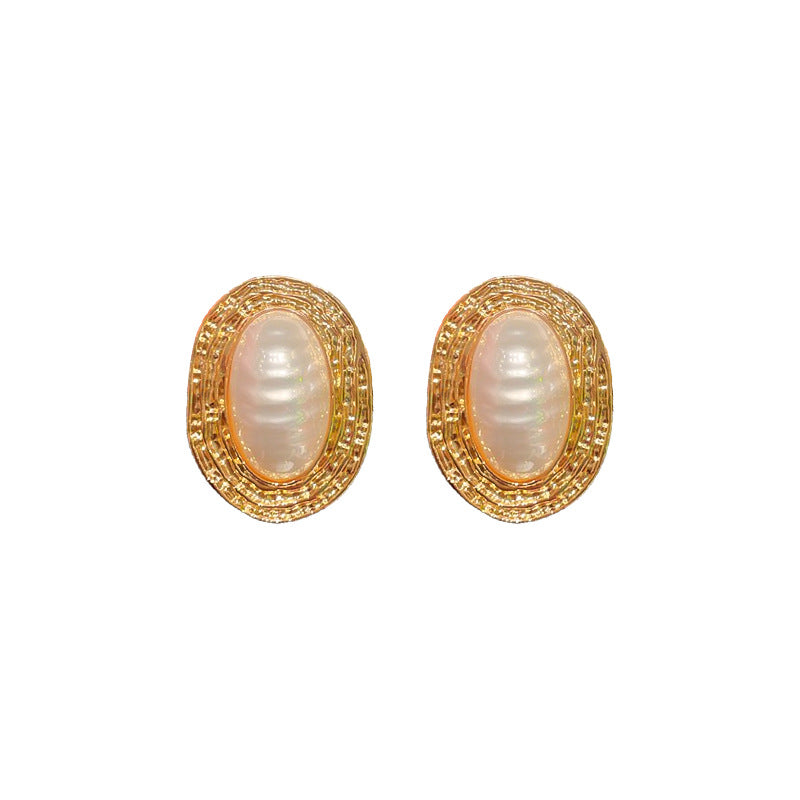 Pleated Striped Oval Pearl Retro Fashion High Sense Exaggerated Personalized Earrings