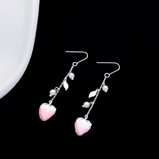 Sweet Elegant Pink Strawberry Long Spring Girly Style Cute Unique Earrings