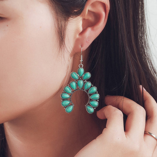 Retro Personalized Fan-shaped Hollow Turquoise Eardrops Rings
