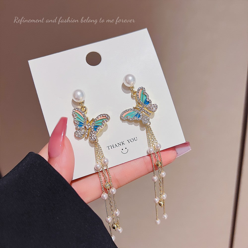 Style Long Fringed Pearl Sier Needle Earrings