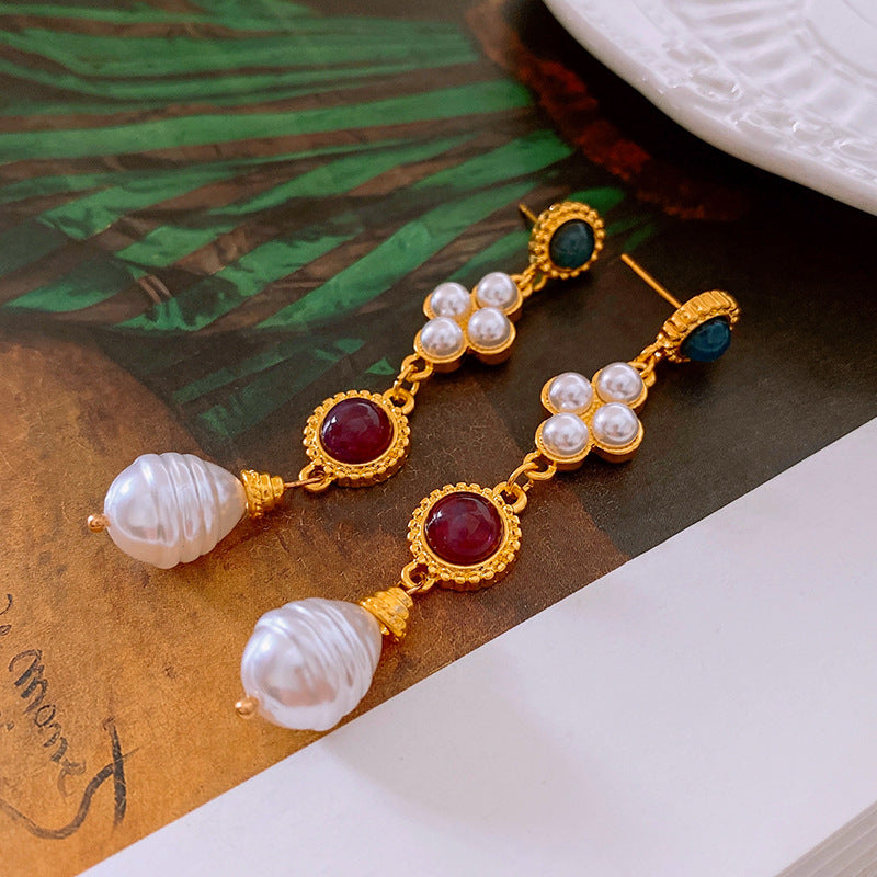 Sier Needle Artificial Pearl Tassel Vintage Court Style Earrings