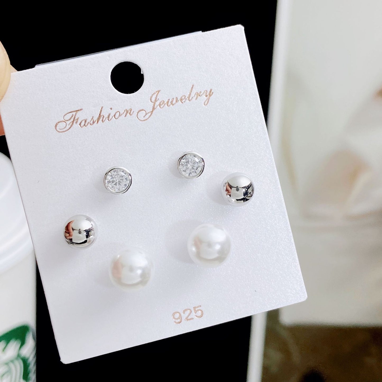 Women's Rhinestone Pearl Three Pairs Storage Ear Earrings