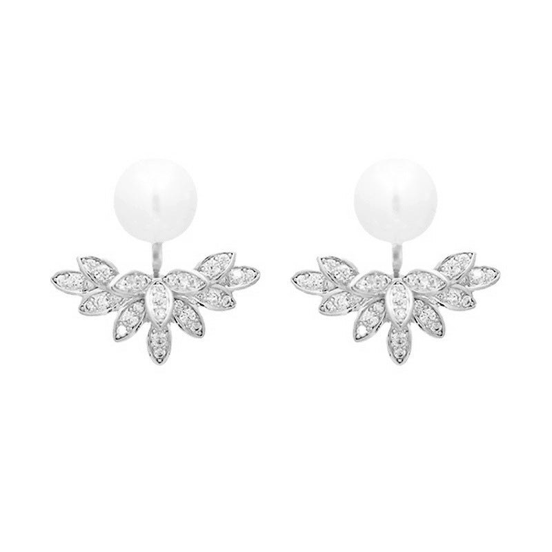 French Retro Rhinestone Leaf Pearl One Earrings