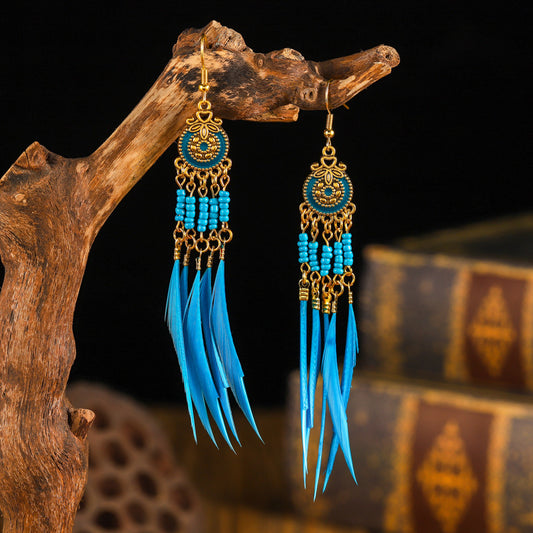 Women's Oil Dripping Round Small Colorful Feather Slimming Long Tassel Yunnan Stud Earrings