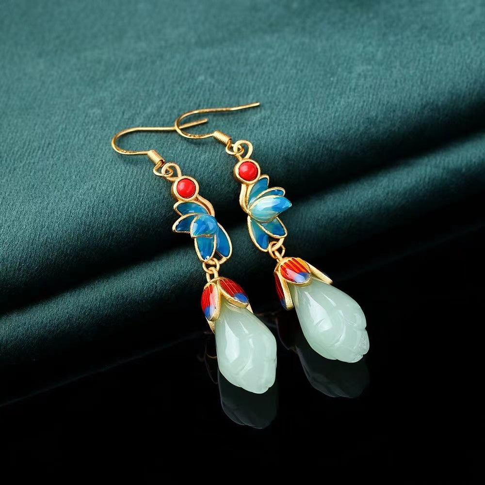 Imitation Jade Epoxy Magnolia National Style Earrings