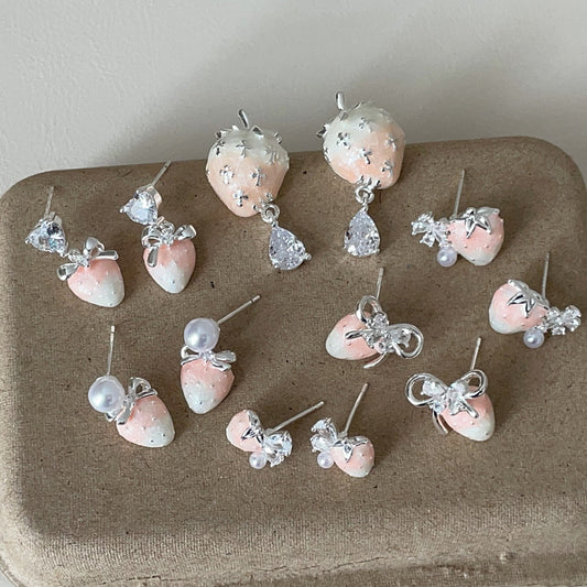 Sweet Gradient Pink Strawberry Pearl Zircon Female Earrings