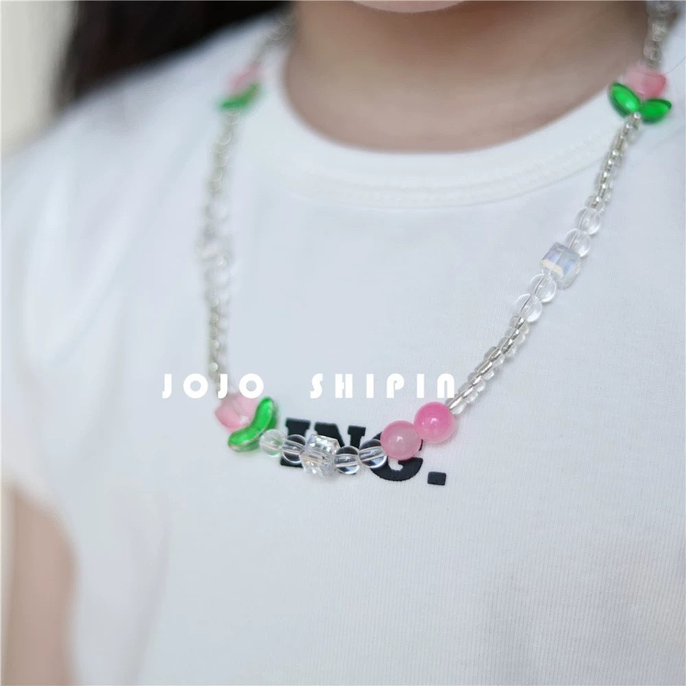 Children's Tulip Color Flower Crystal Beaded Clavicle Necklaces