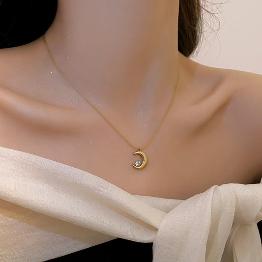 Crescent Moon Rhinestones Titanium Steel Goddess Necklaces