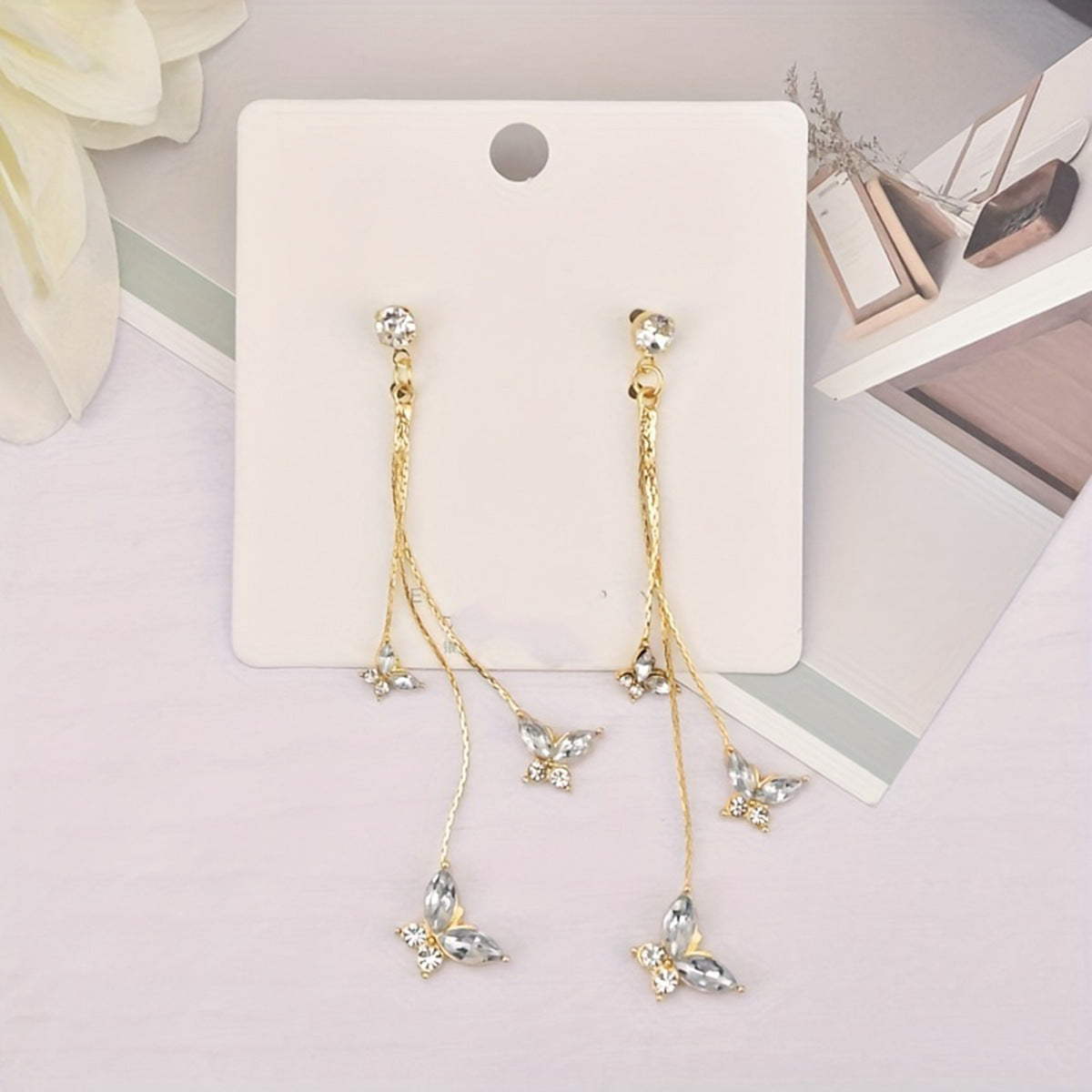 Sier Needle Crystal Butterfly Elegant Long Fringe Female Earrings